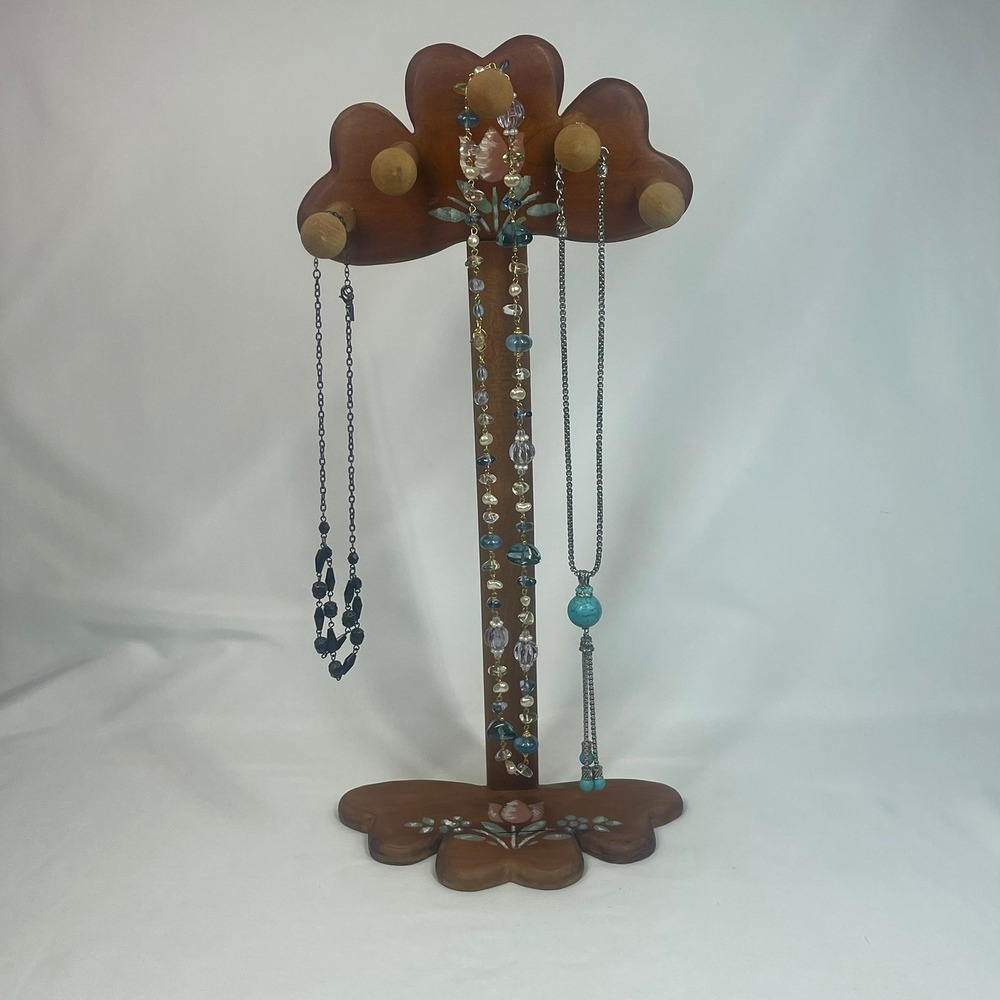 Vintage Wooden Tabletop Necklace Holder Hand Painted Floral Folk Art 17in